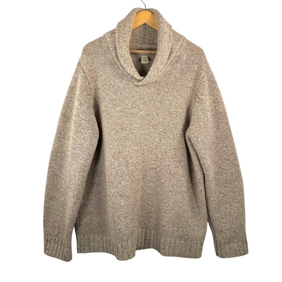 LL Bean sz XL 100% Lambswool Cowl Neck Sweater Tan Elbow Patches classic